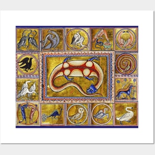 MEDIEVAL BESTIARY,SALAMANDER, FANTASTIC ANIMALS IN GOLD RED BLUE COLORS Posters and Art